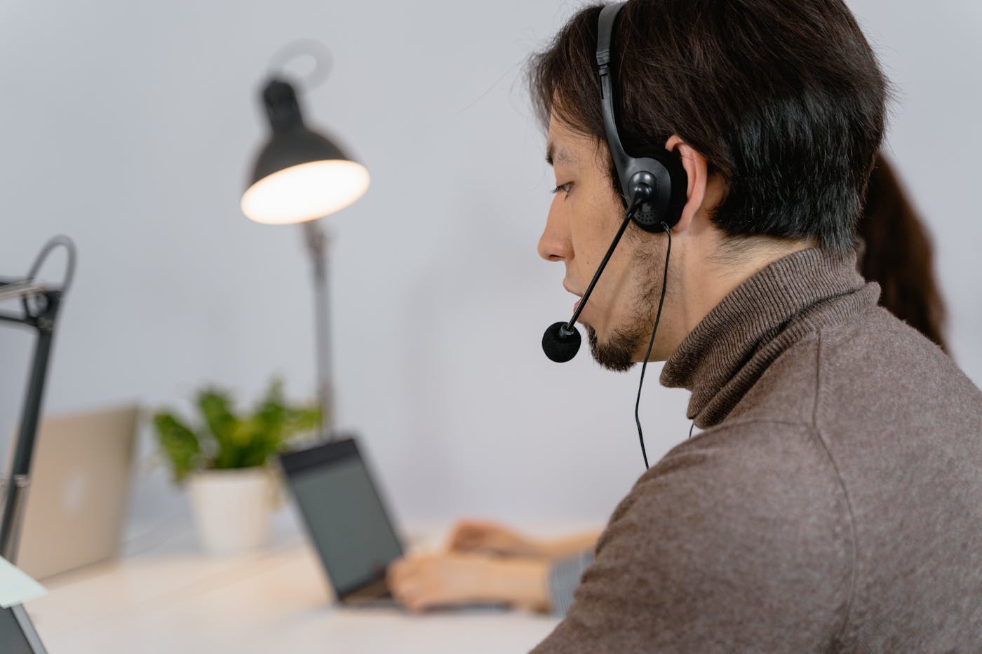 Professional headset agent on a support call